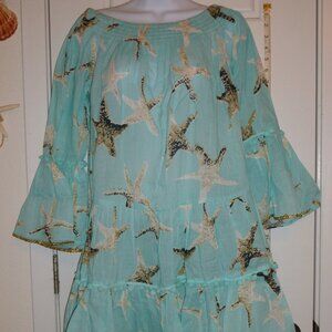 NWT Debbie Katz Starfish Print Bell Sleeve Off the Shoulders Coverup Mini Dress